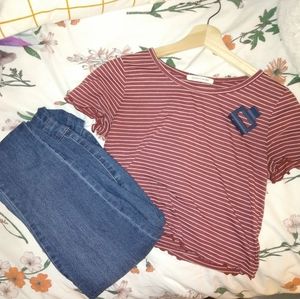 Red and White Stripe T Shirt with Lettuce Trim